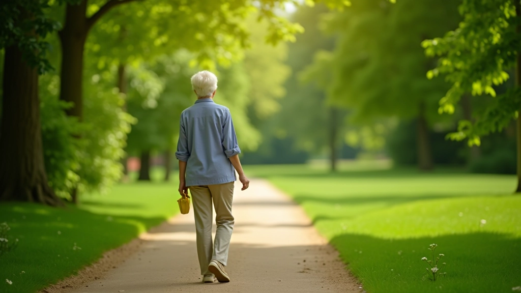 Pensionär jalutab rahulikul jalutusrajal pargi keskel, roheline keskkond